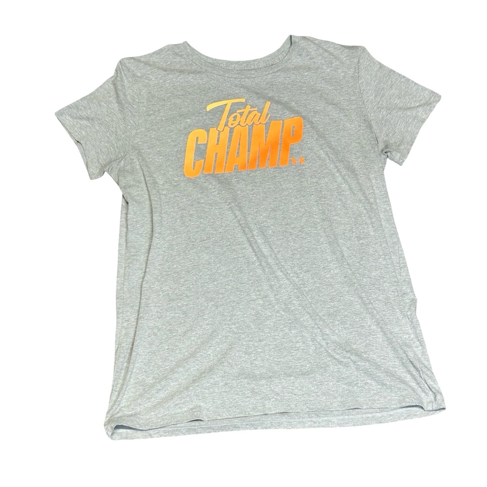 Under Armour Gray Tee with Yellow-Orange "Total Champ" Graphic